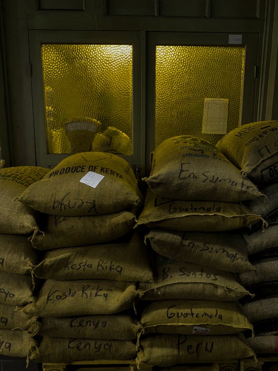 Free Sacks of coffee beans labeled by country in a dimly lit warehouse setting. Stock Photo